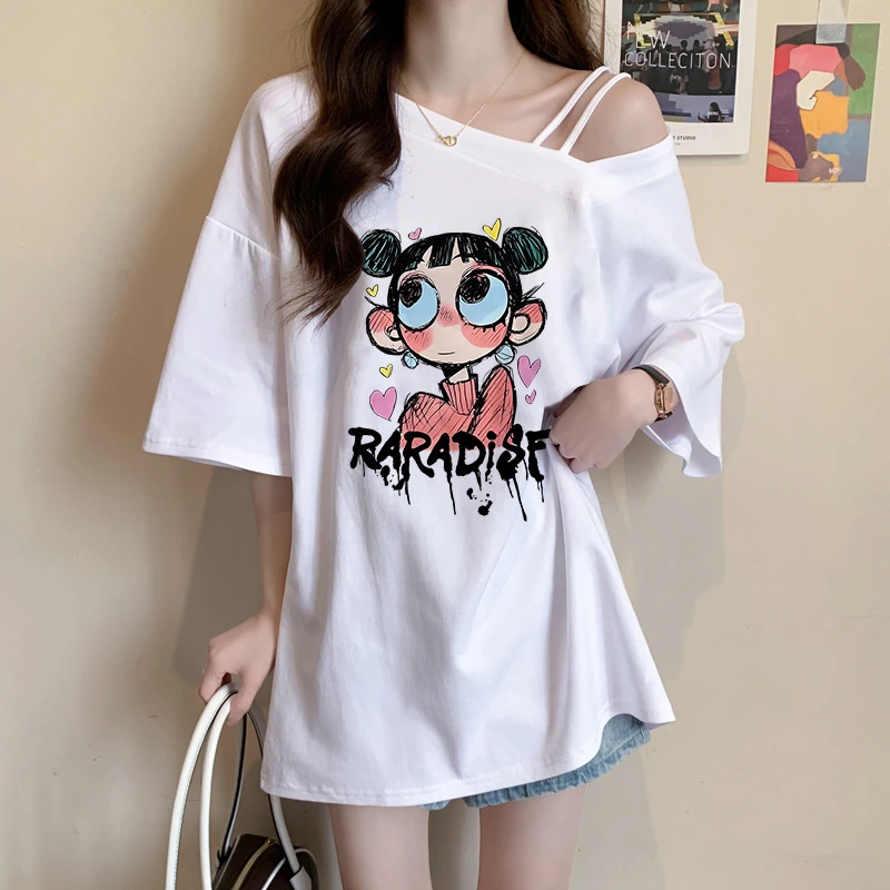 纯棉斜肩短袖T恤女夏季新款宽松韩版时尚百搭中长款卡通休闲上衣