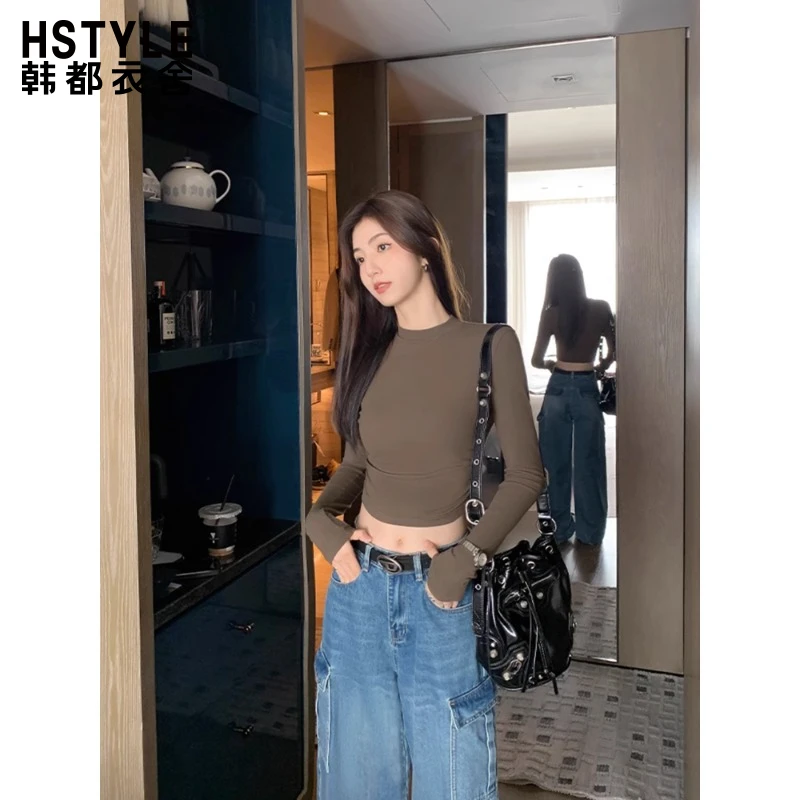 黑色圆领打底衫女短款春秋薄款长袖纯棉T恤内搭紧身露脐上衣露腰