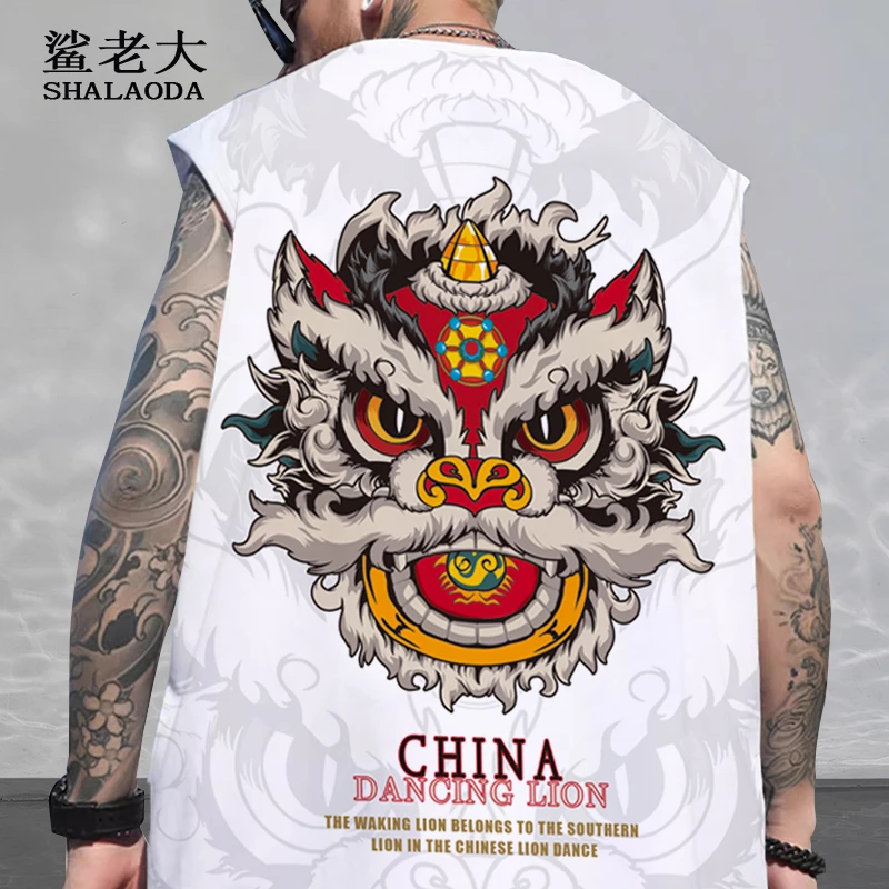 醒狮印花中国风无袖T恤男oversize夏季薄款坎肩坎袖运动休闲背心