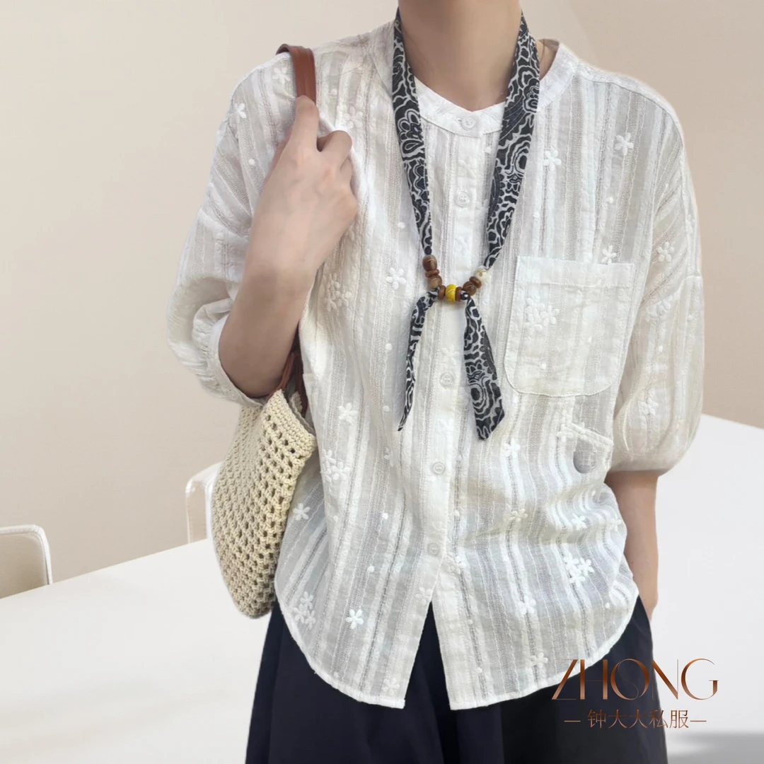 ZHONG大大【栀子花开】夏季新款简约宽松气质百搭七分袖衬衫女12696