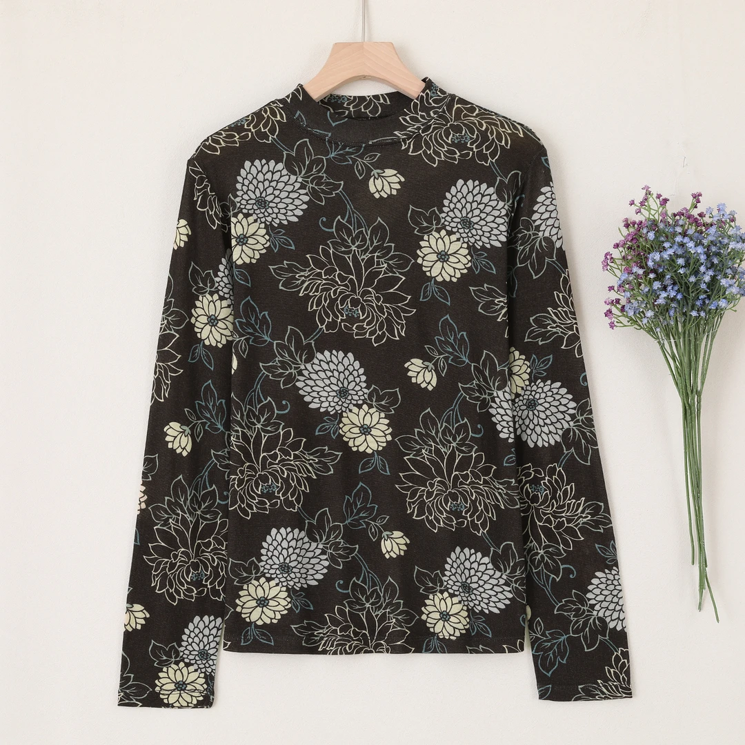 LANZIBES/蓝之蓓女士绵羊毛圆领长袖印花气质显瘦打底衫C10955