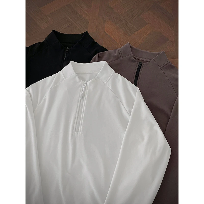 2025 秋冬新款双面德绒半拉链长袖 T 恤男插肩袖大码保暖立领