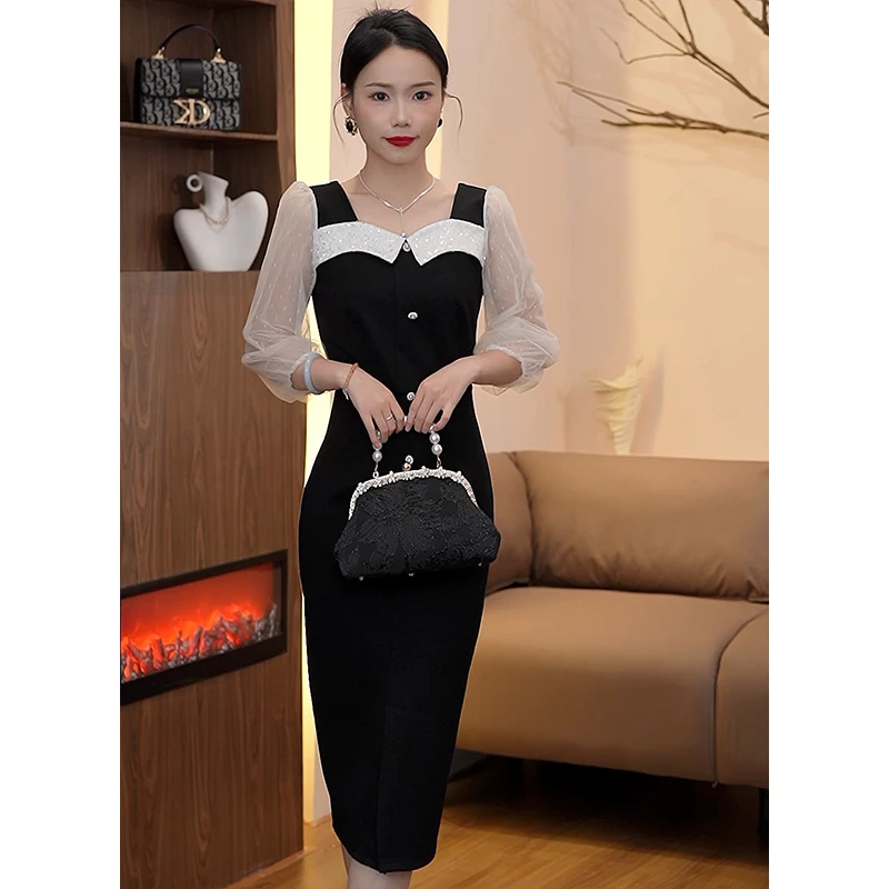 方领1088珠片绣拼接蕾丝七分袖气质连衣裙