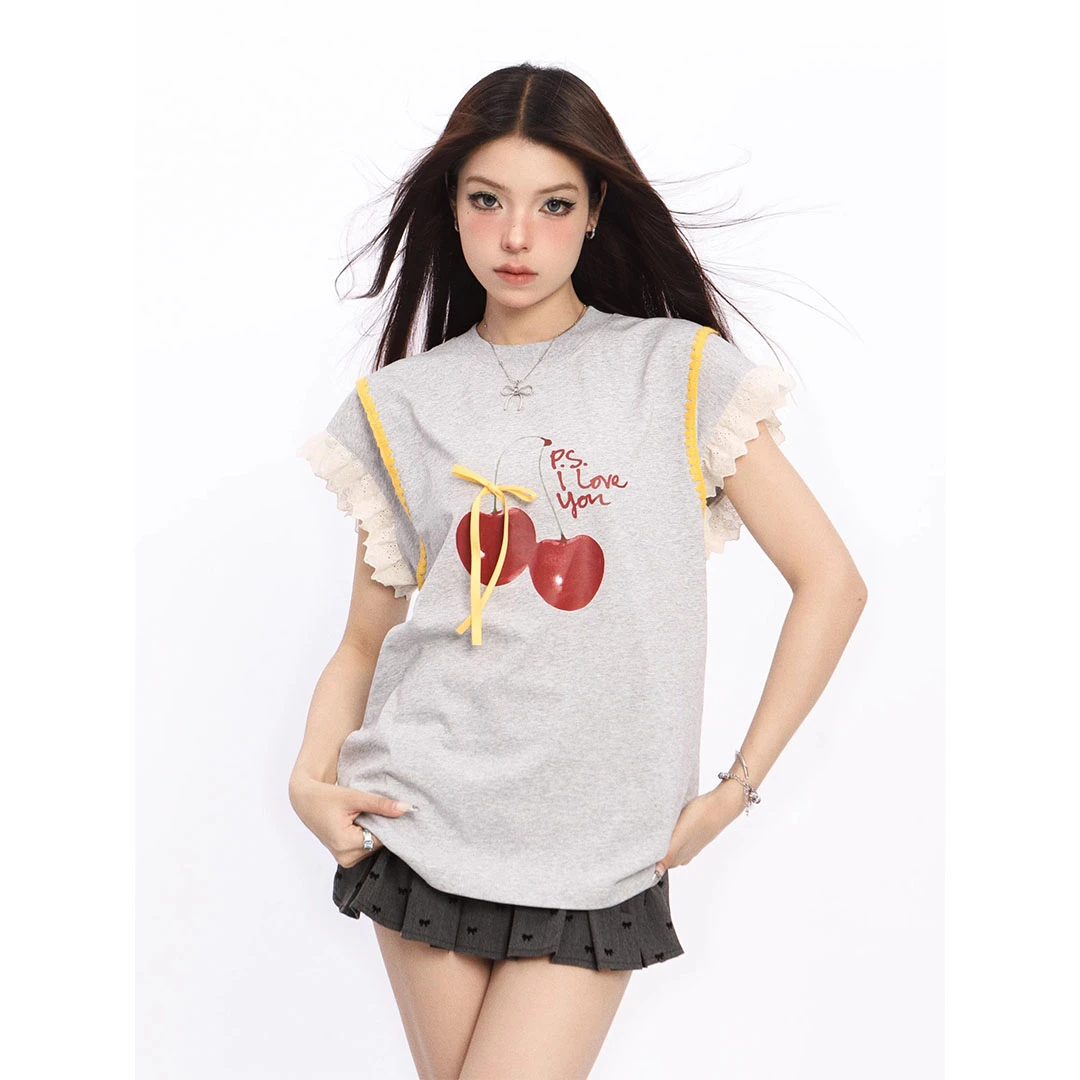 新款圆领拼接蕾丝飞飞袖甜美纯棉短袖t恤女夏季新款宽松显瘦上衣