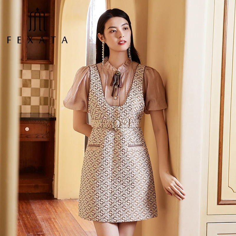【黄蓉推荐】FEXATA聚酯纤维连衣裙高腰a字娃娃领复古织花短裙