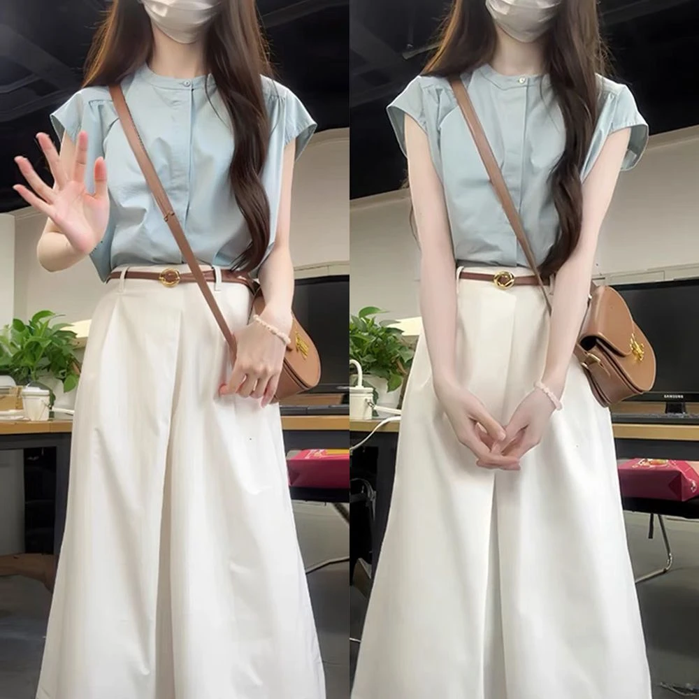 套装女夏季2025新款蓝色小飞袖衬衫高腰半身裙两件套气质休闲穿搭