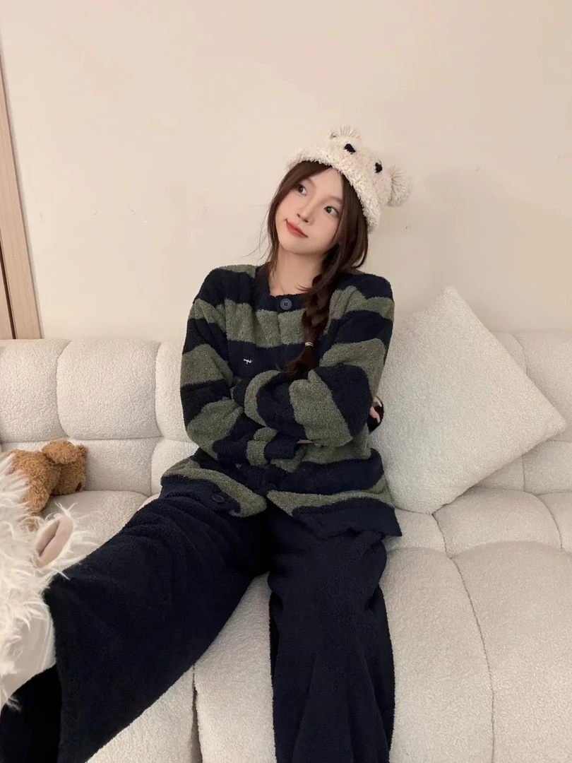 【DMXJ大梦想家】甜美撞色条纹半边绒睡衣女秋冬新款百搭加绒居家服