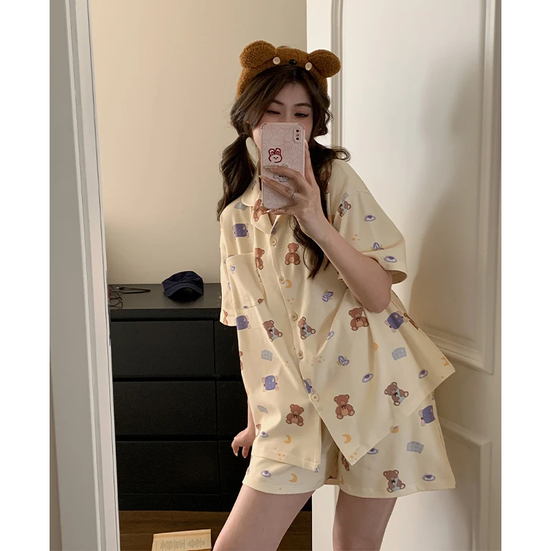 超柔软夏季睡衣女短袖纯棉卡通小熊印花休闲可外穿薄款家居服套装
