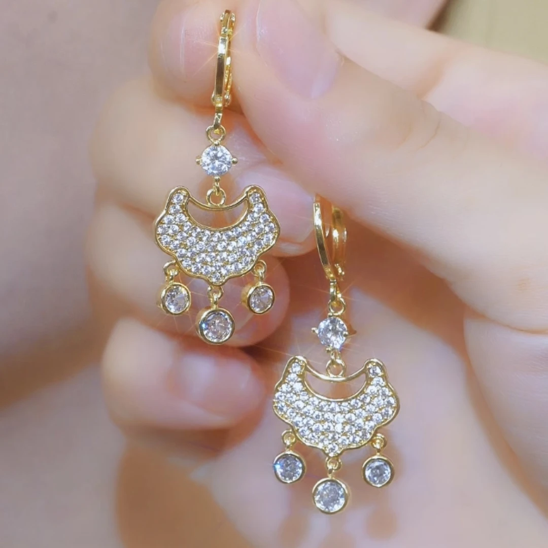 铜合金合成锆石耳饰 【平安锁】时尚百搭平安锁耳扣流苏耳环轻奢