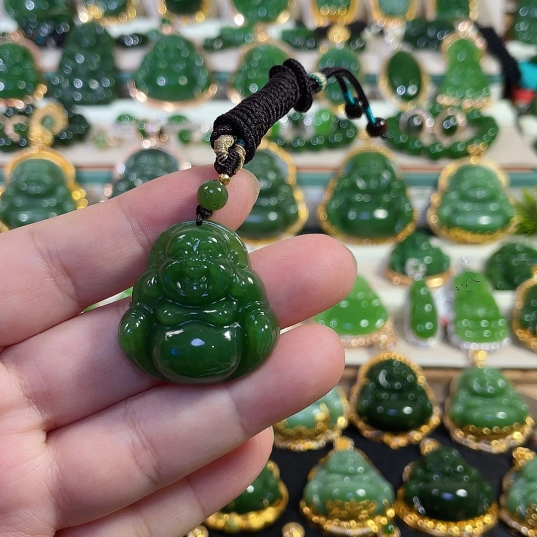 和田玉（碧玉）18K金镶嵌颈饰阳绿佛公30