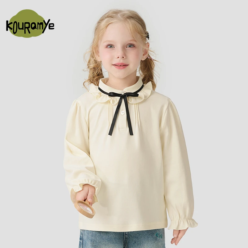 酷娃米2025年秋季新款中小女童蝴蝶结花边领打褶衬衫20910