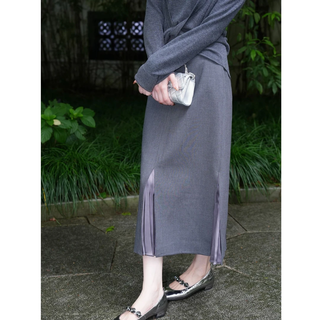 HELAAOMI“步步生花”新款半身裙百褶气质开叉半身裙CY5CB71623