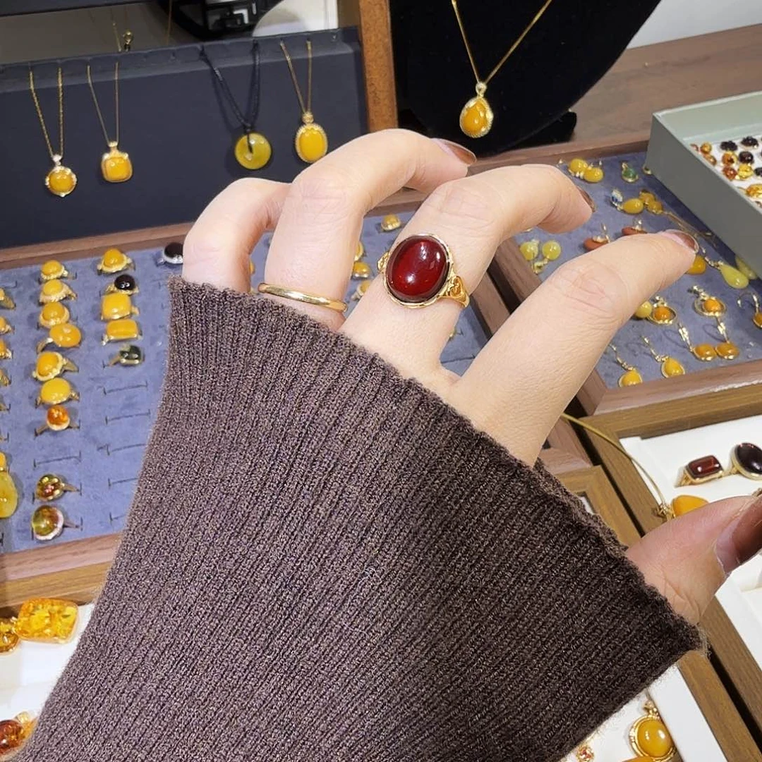 血珀银S925镀金镶嵌戒指