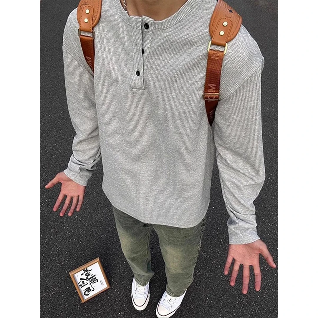 浅灰色亨利领长袖t恤男夏季潮牌内搭纯棉打底衫美式重磅polo卫衣