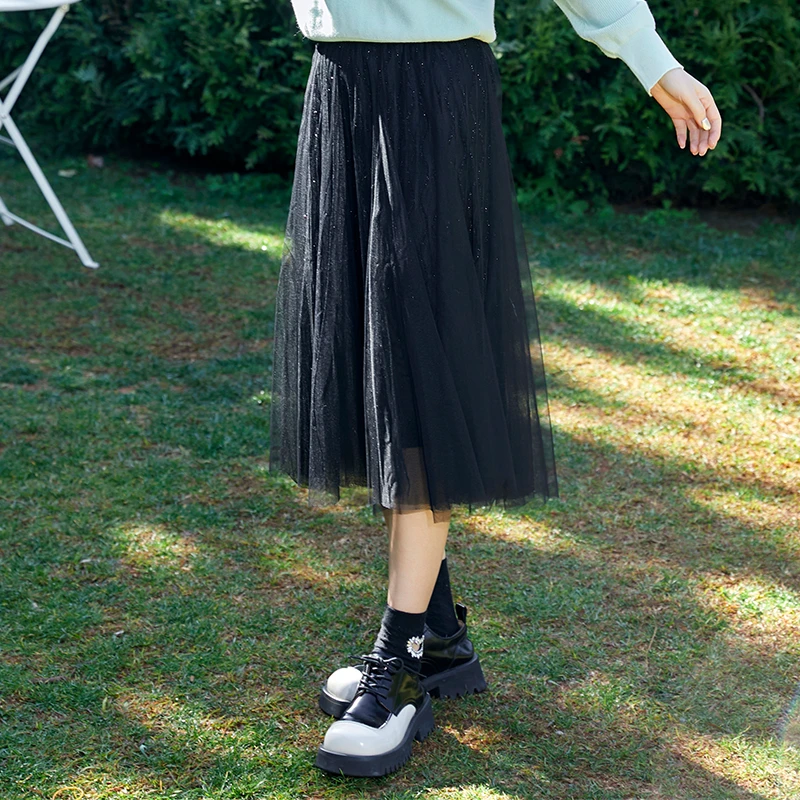 朵以黑色网纱裙2025春新款松紧腰百搭中长款A字大摆裙39DC631085