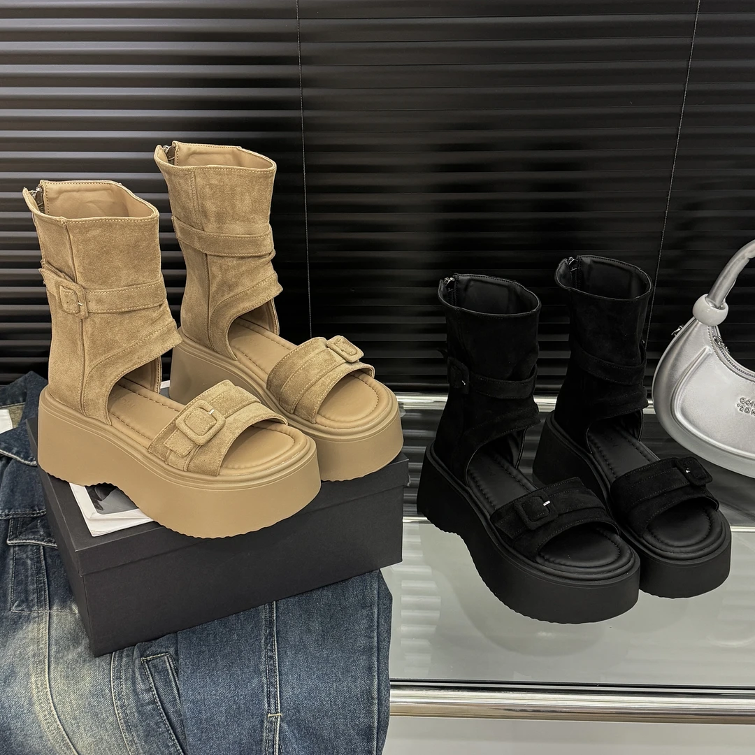 【新疆包邮】厚底罗马凉靴女新款夏季时尚露趾高帮凉鞋小个子短靴