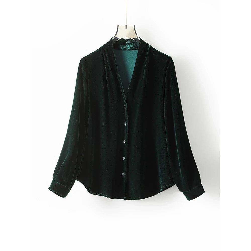 复古风宽松V领长袖丝绒衬衫女百搭上衣