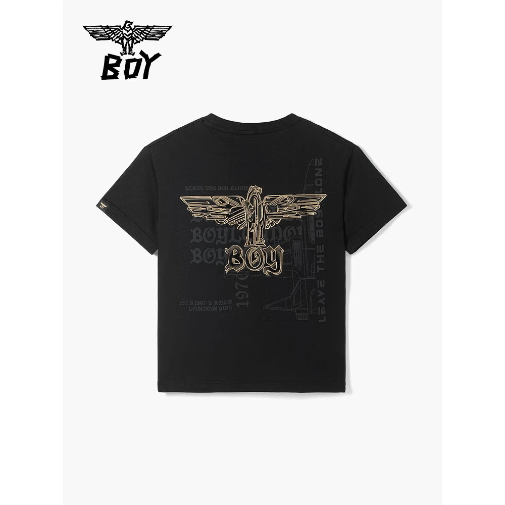 BOYLONDON25夏儿童潮牌短袖老鹰翅膀潮酷帅气圆领T恤男童女童 黑