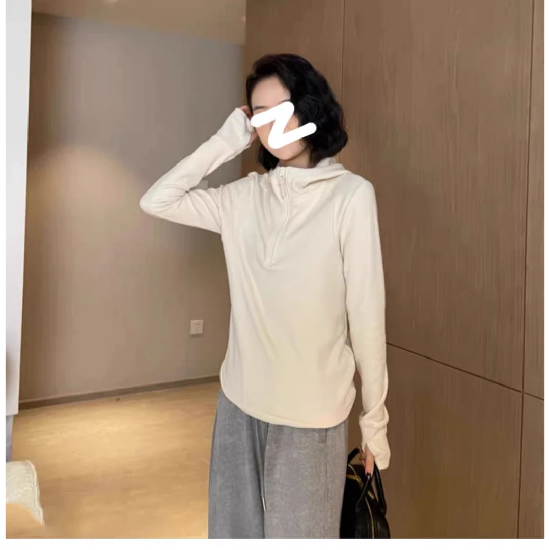 双面德绒上衣女秋冬季宽松休闲内搭半拉链连帽卫衣长袖加厚打底衫