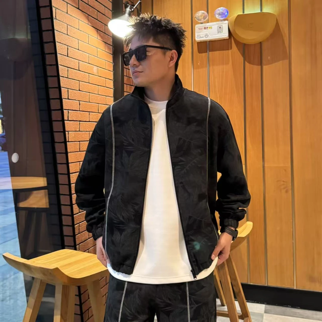 秋季新款印花面料拉链卫衣外套立领明线车线休闲运动时尚宽松套装