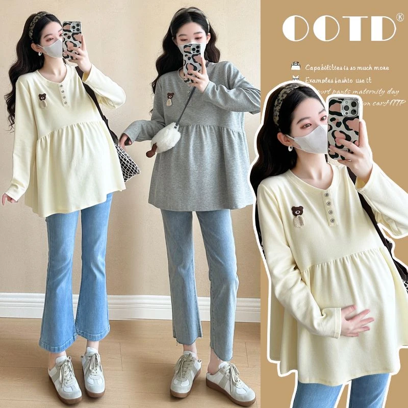 孕妇上衣2025孕妇秋季新款休闲长袖甜美宽松卡通娃娃衫T恤孕妇装