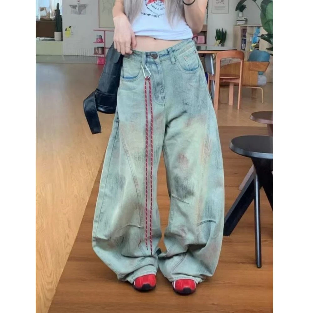 复古脏染弯刀牛仔裤美式高街小个子高腰辣妹宽松秋季阔腿拖地裤子