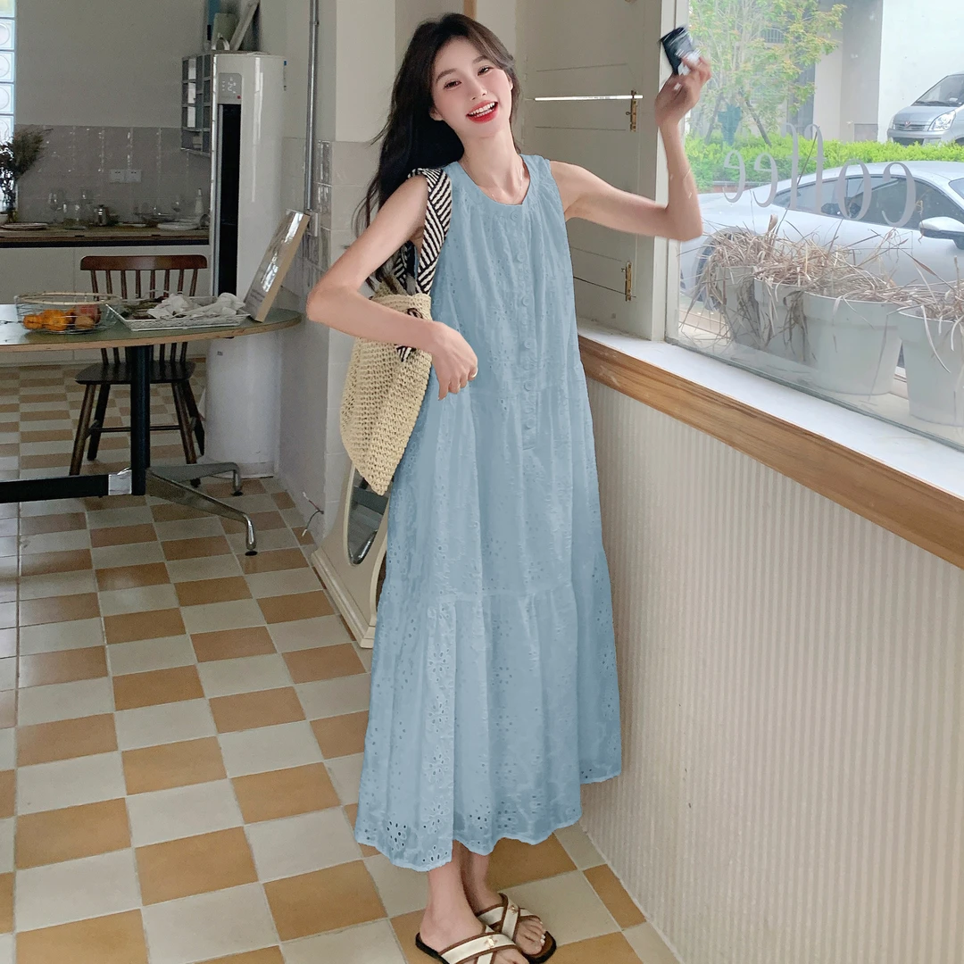 时尚无袖气质吊带裙女2025夏季新款法式度假风超仙长款拼接连衣裙