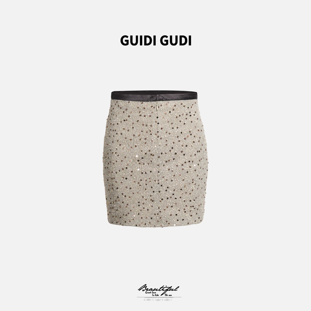 GUIDI GUDI【星芒】时尚修身波点半裙/黄加蓝