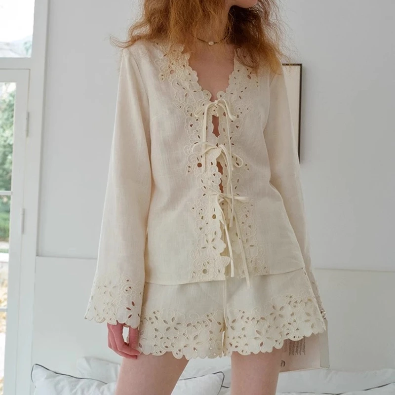 自然织物 南法复古镂空绣花V领天丝亚麻长袖上衣/长裤