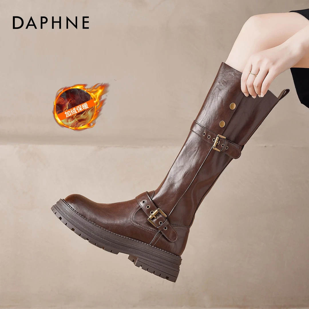 达芙妮长筒靴子女秋冬2025新款高筒厚底复古加绒显瘦时尚骑士长靴