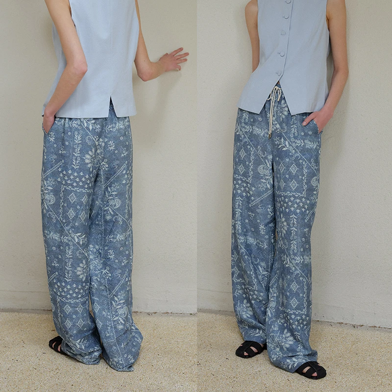 popchrio◆复古牛仔色印花休闲裤宽松显瘦薄款直筒拖地长裤子女夏