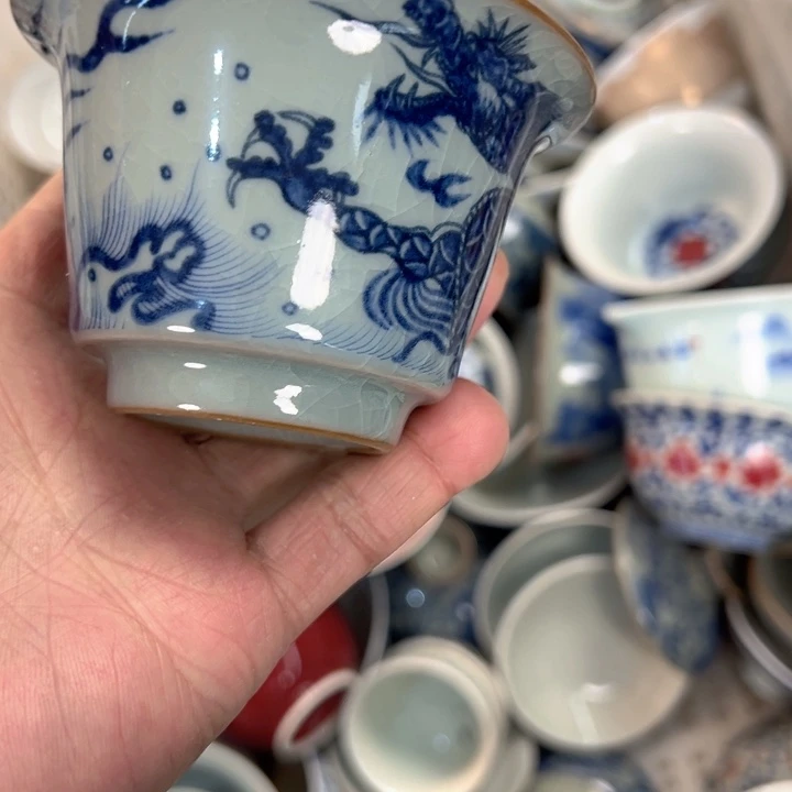 瓷片淘泥青花铠甲龙马蹄碗身微瑕