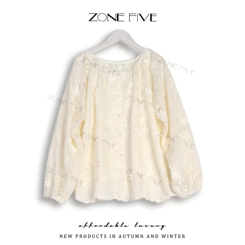 [zonefive]新款韩系精致立体提花设计气质蕾丝上衣