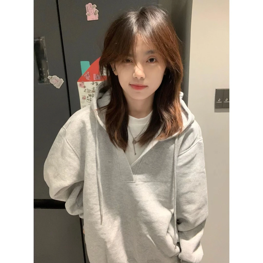 韩版复古假两件大v领连帽卫衣女2025秋冬宽松慵懒风百搭情侣帽衫