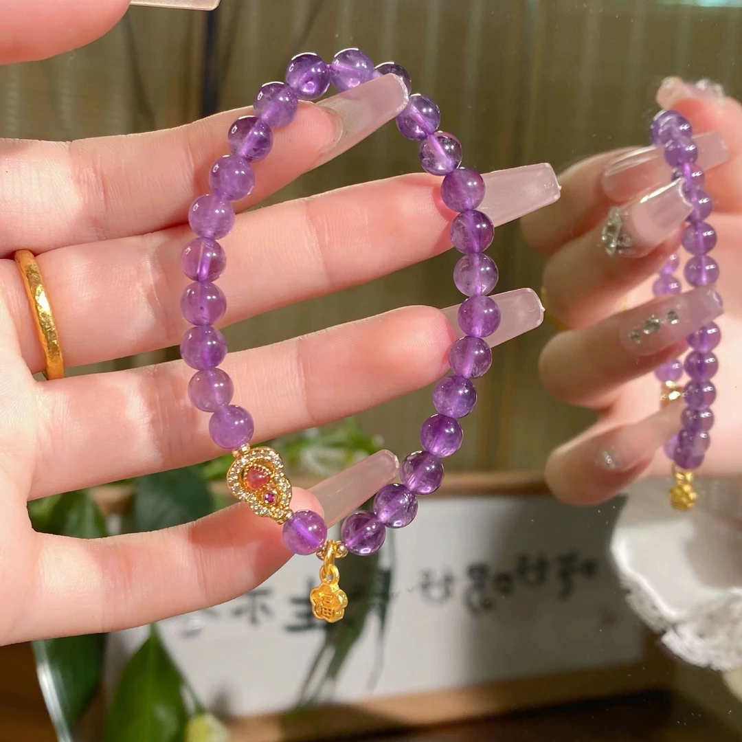 原创设计天然水晶紫水晶高奢百搭手串搭配葫芦天然石-3016