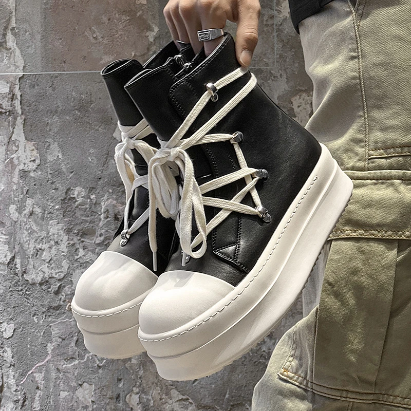 2025新款情侣休闲鞋厚底黑色男女百搭高帮皮面个性增高潮流时装靴