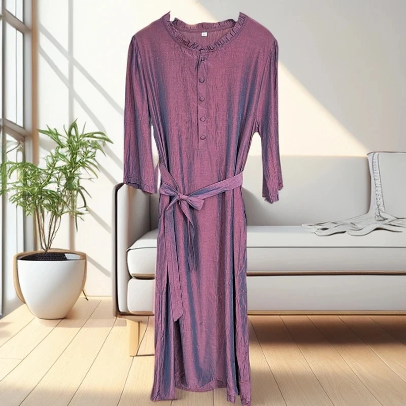 【玉如意】紫腾色 纯色 时尚休闲法式收腰女装系带气质连衣裙