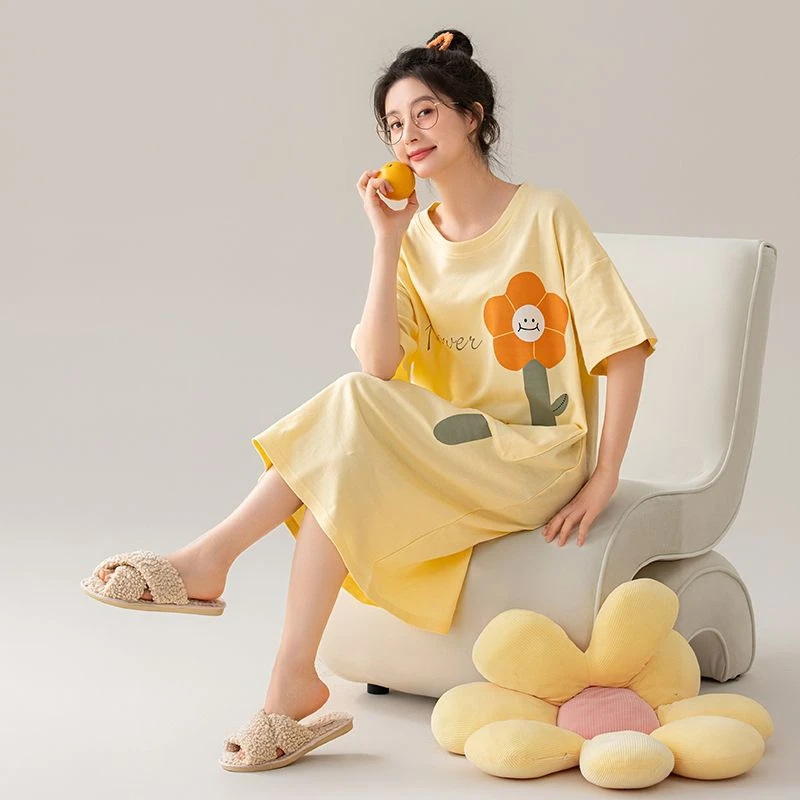 夏季睡裙女中长款抗菌时尚圆领甜美薄款纯棉可外穿家居服大码女
