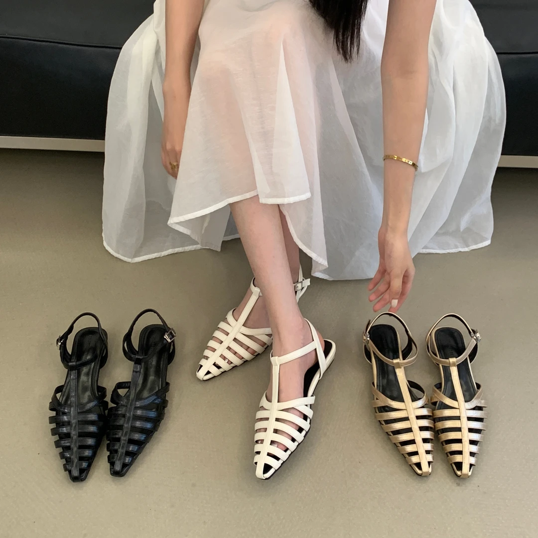 安安家 3836-31 新款夏季法式风格编织低跟女包头凉鞋时尚百搭