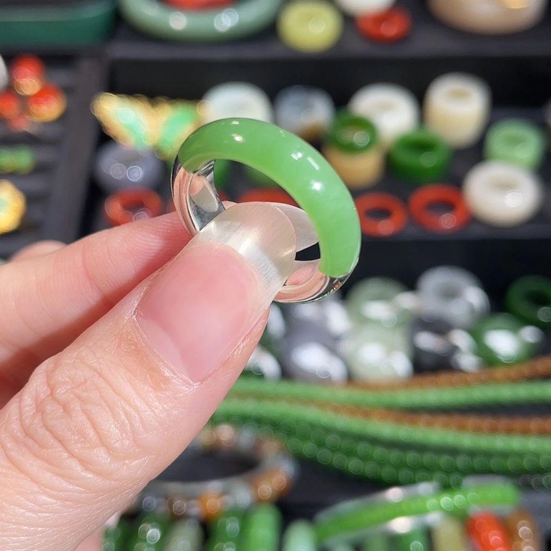 和田玉银S925镶嵌戒指内径16 碧玉实心银镶