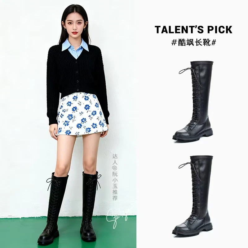 新款名皮骑士靴女2025冬季保暖加绒长筒靴子女百搭高筒靴休闲女靴