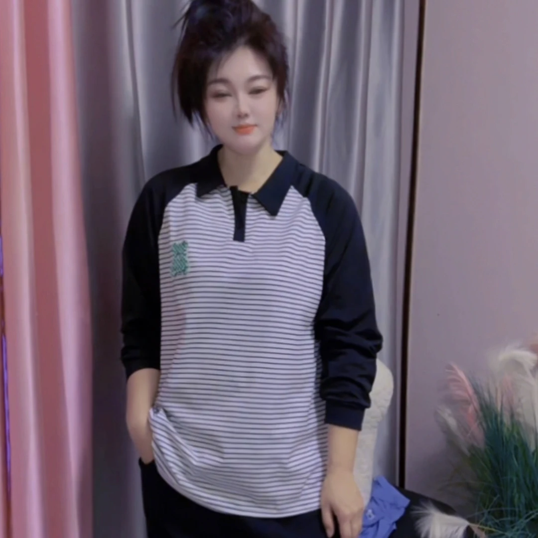 712大码2025新款秋冬卡通横条纹polo衫女时尚百搭T恤潮
