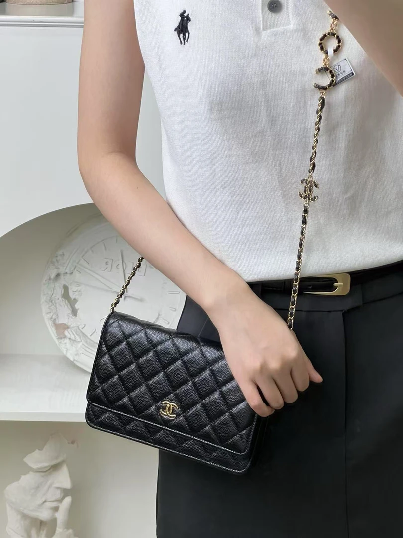 99新 Chanel/香奈儿 coco链条发财woc 黑金荔枝纹牛皮包/优品