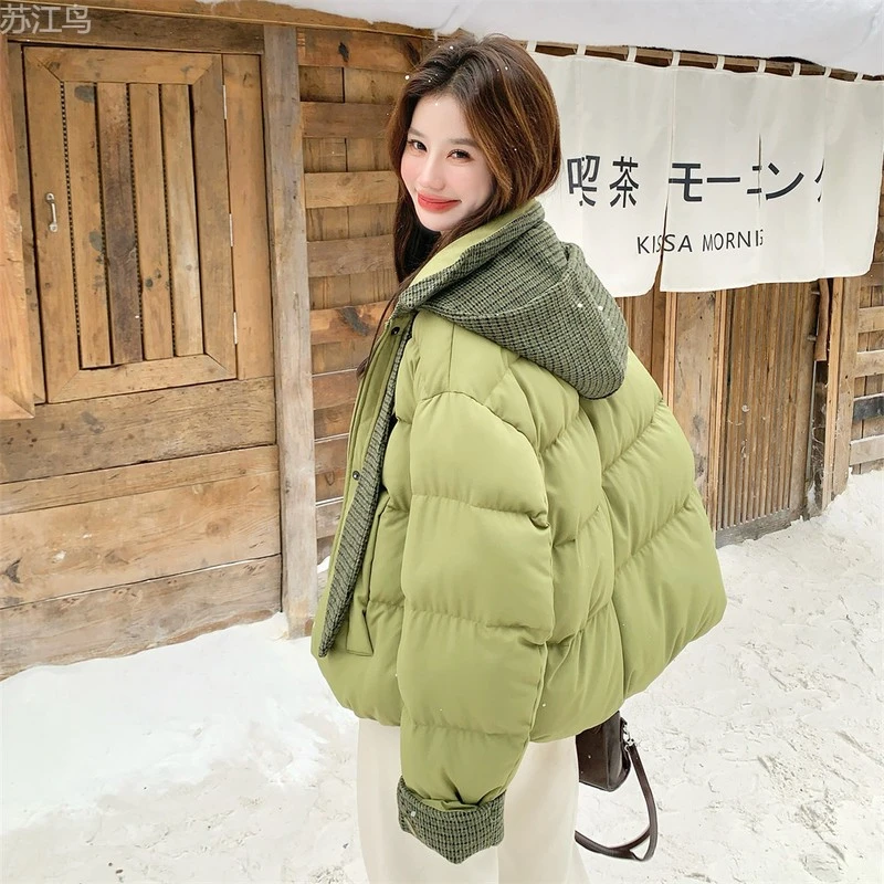 韩系兔耳朵格纹连帽泡芙羽绒服外套女冬2025新款设计白鸭绒面包服