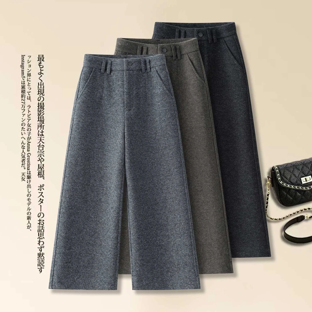 冬季灰色羊毛呢阔腿裤女秋冬加厚靴裤2025新款高腰小个子八九分裤