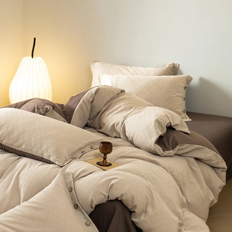 新款A类双层纱提花纽扣款纯棉四件套100%全棉奢华床品春夏秋清爽