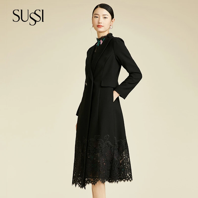 SUSSI/古色24秋冬商场同款黑色蕾丝大衣中长款外套女