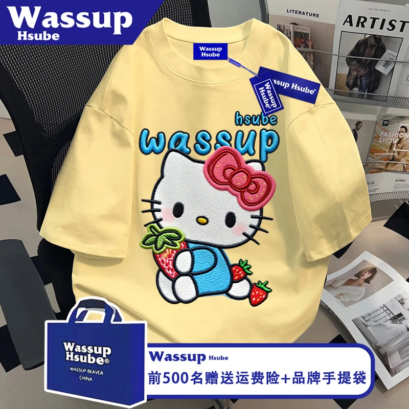 WASSUP HSUBE凯迪猫印花T恤奶黄色男女款新颖上衣ins夏季纯棉短袖