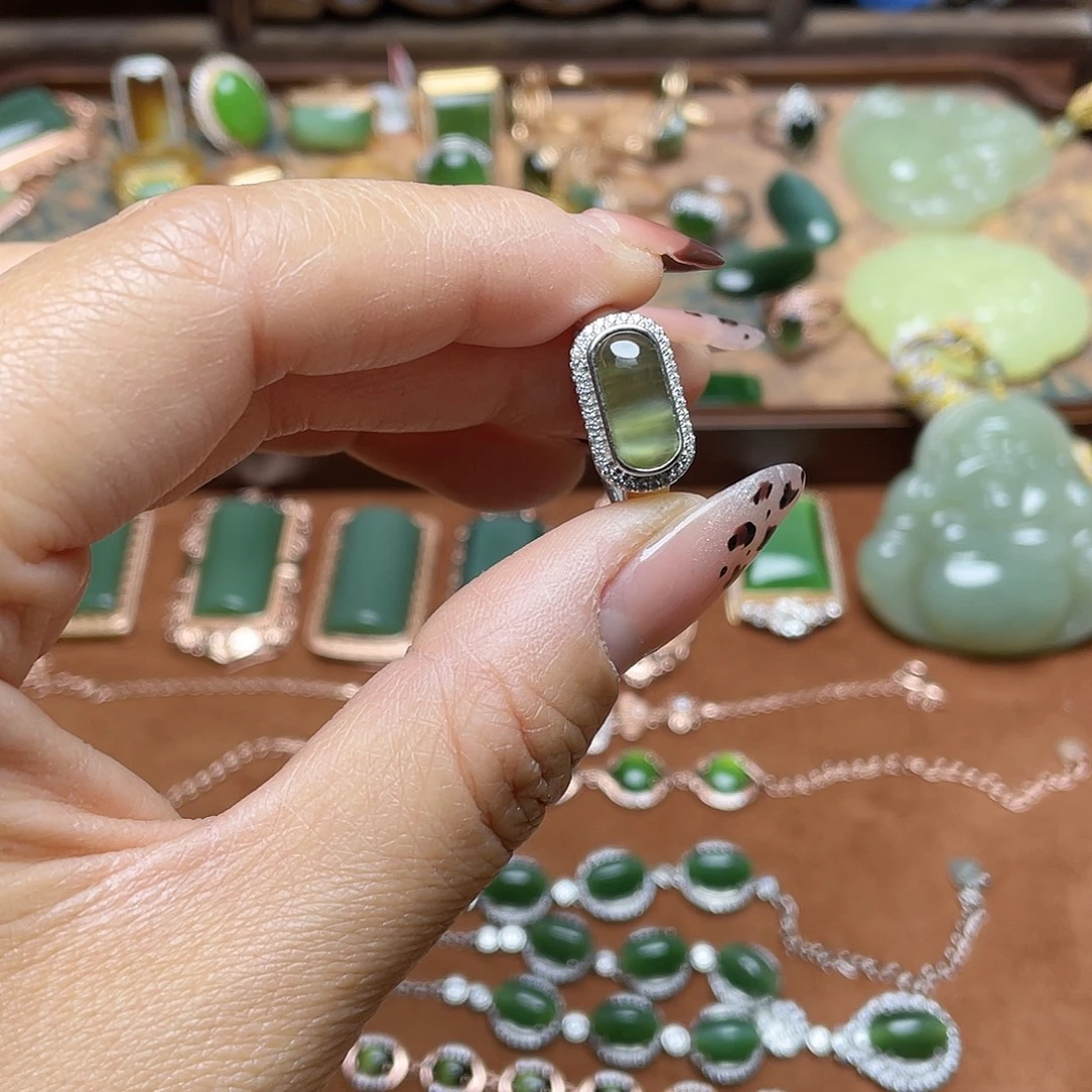 和田玉（碧玉）银S925镶嵌吊坠(不含链)戒指