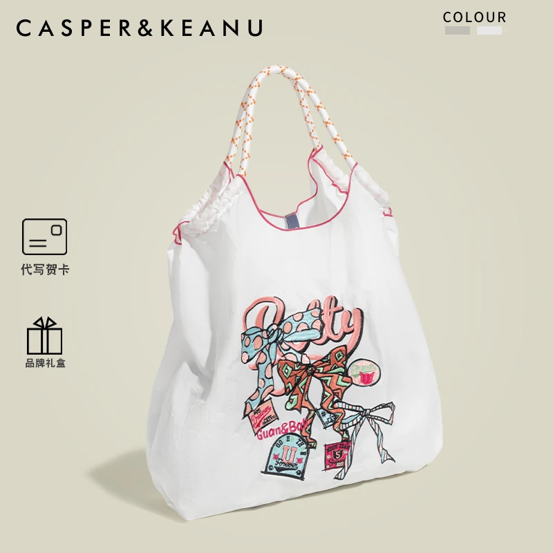 CASPER&KEANU日系可爱尼龙刺绣托特包女2025新款夏帆布环保购物袋